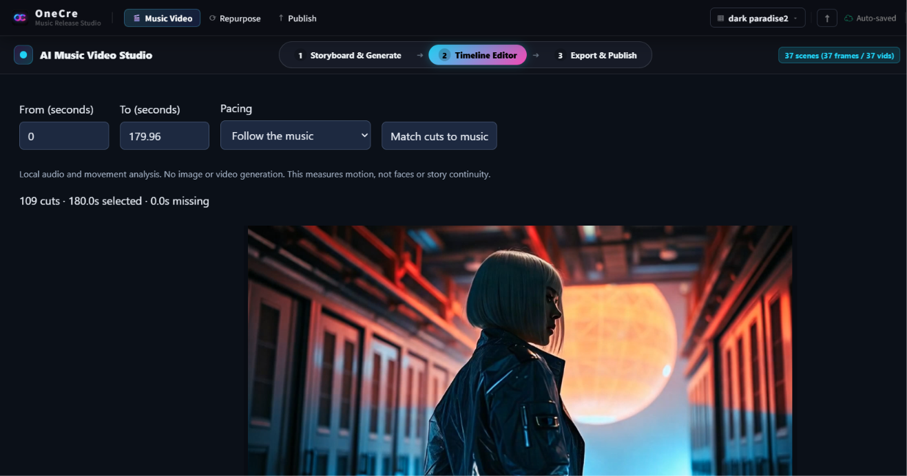 OneCre rhythm editor with a music video scene and complete song edit
